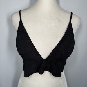 ❤️3/$30 LL Queen Black Textured Ribbed V-Neck Bikini Top - Size M NEW